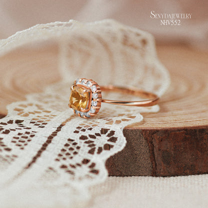 16K Solid Gold Mini Cushion Cut Citrine Halo Ring