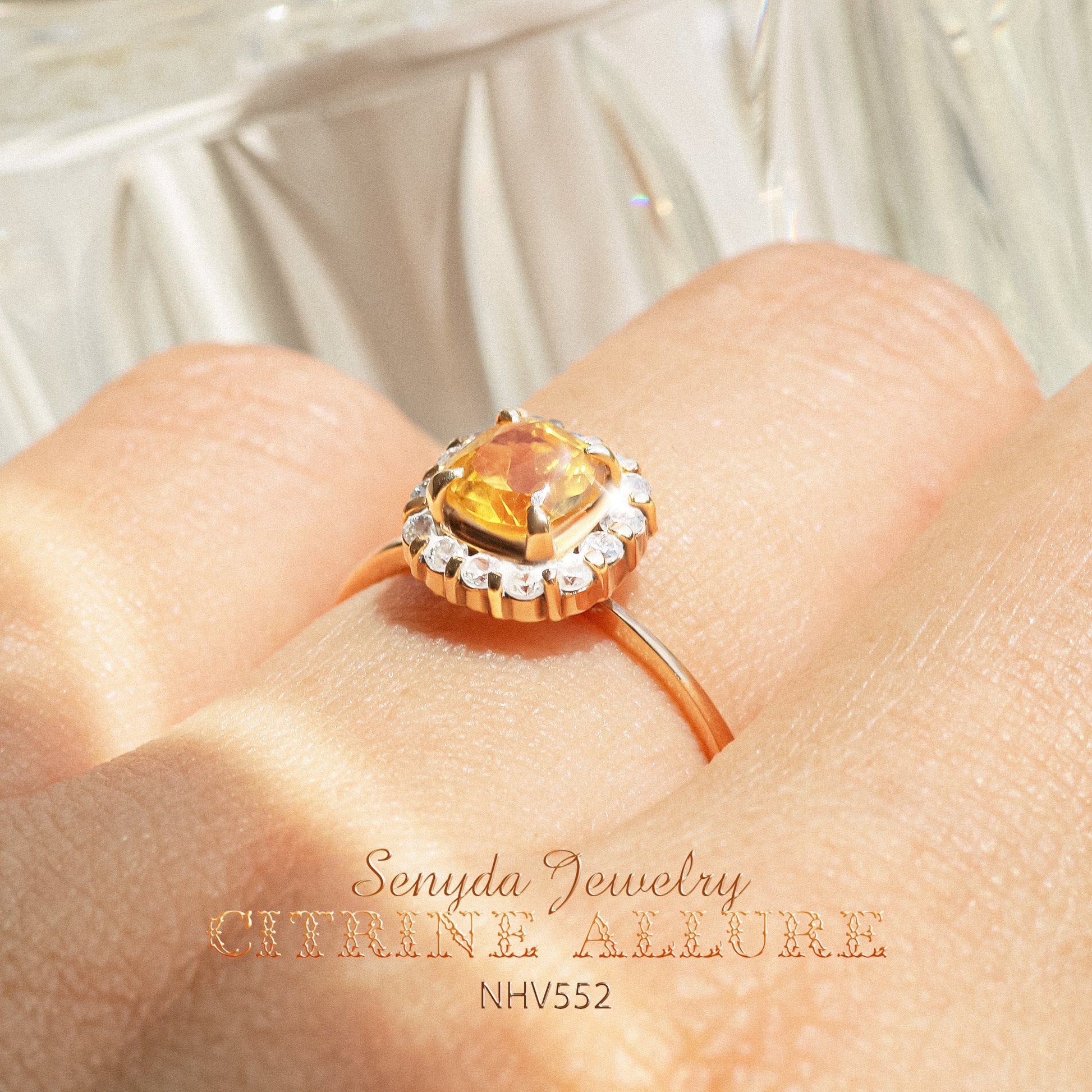 16K Solid Gold Mini Cushion Cut Citrine Halo Ring