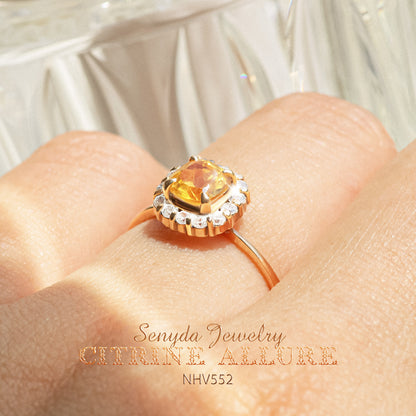 16K Solid Gold Mini Cushion Cut Citrine Halo Ring