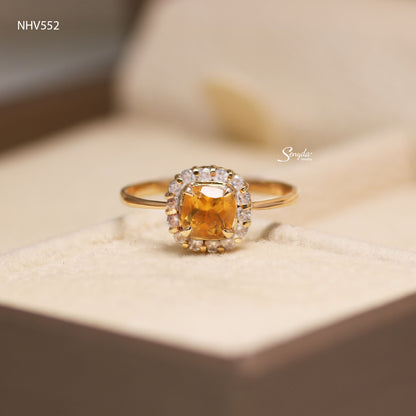 16K Solid Gold Mini Cushion Cut Citrine Halo Ring