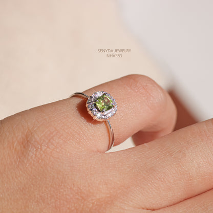 Senyda 16K Solid Gold Mini Cushion Cut Peridot Halo Ring