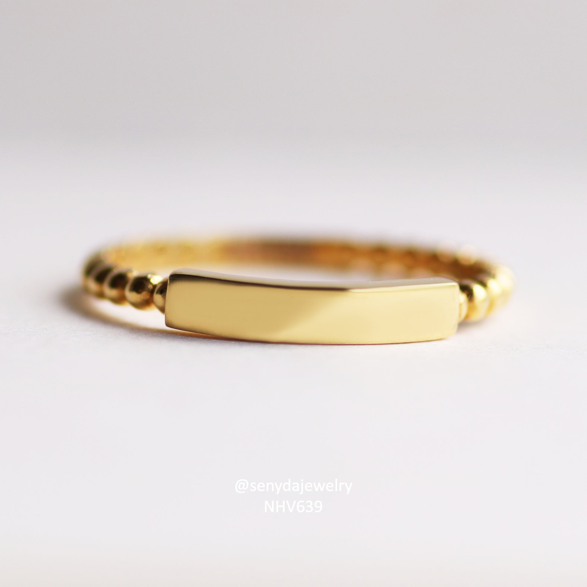 Senyda 14K Solid Gold Beads Ring With Custom Rectangular Face