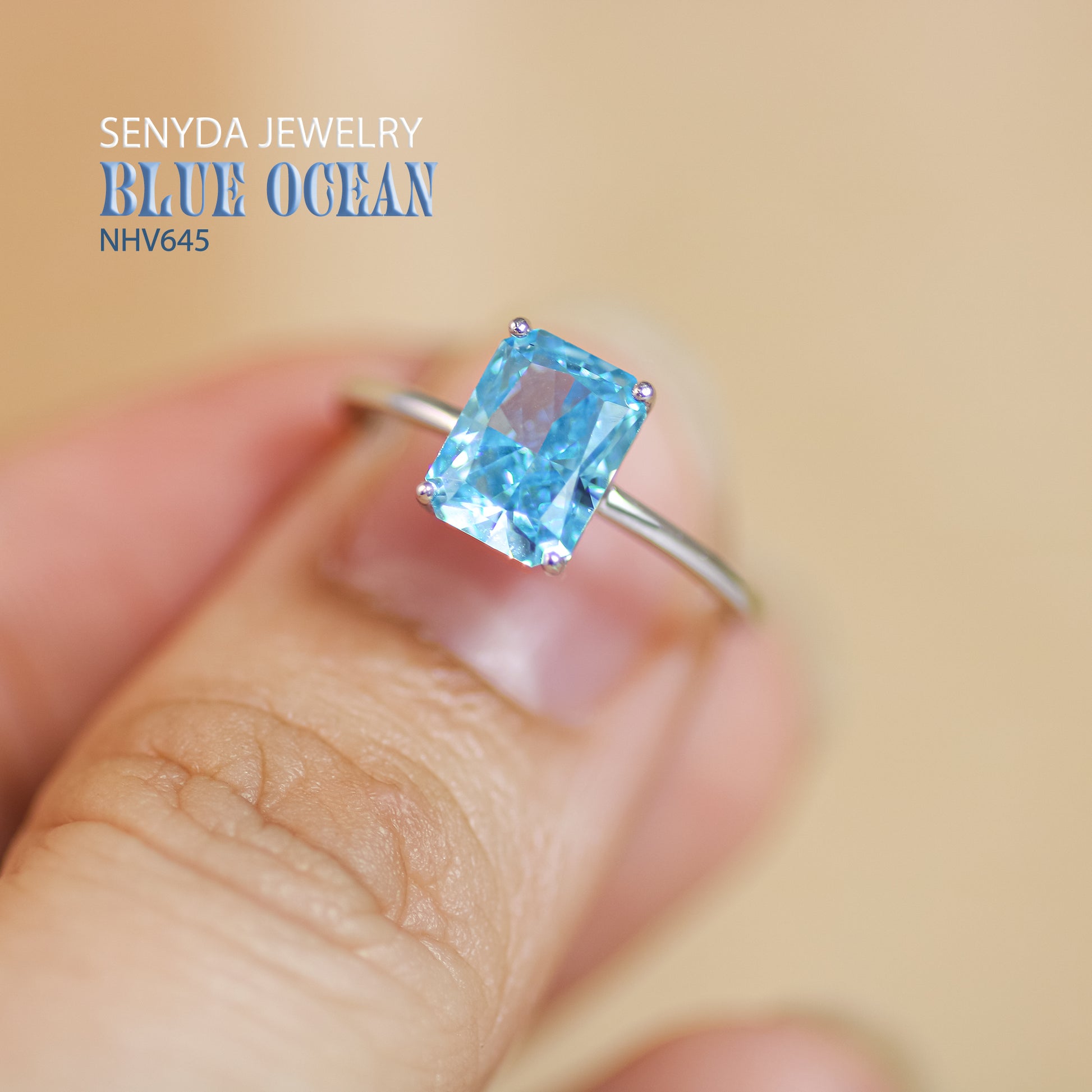 Senyda 14K Solid Gold Rectangle Cubic Zirconia Blue Stone Ring