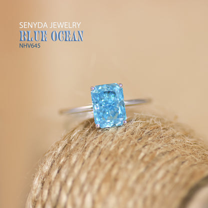 Senyda 14K Solid Gold Rectangle Cubic Zirconia Blue Stone Ring