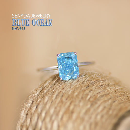Senyda 14K Solid Gold Rectangle Cubic Zirconia Blue Stone Ring