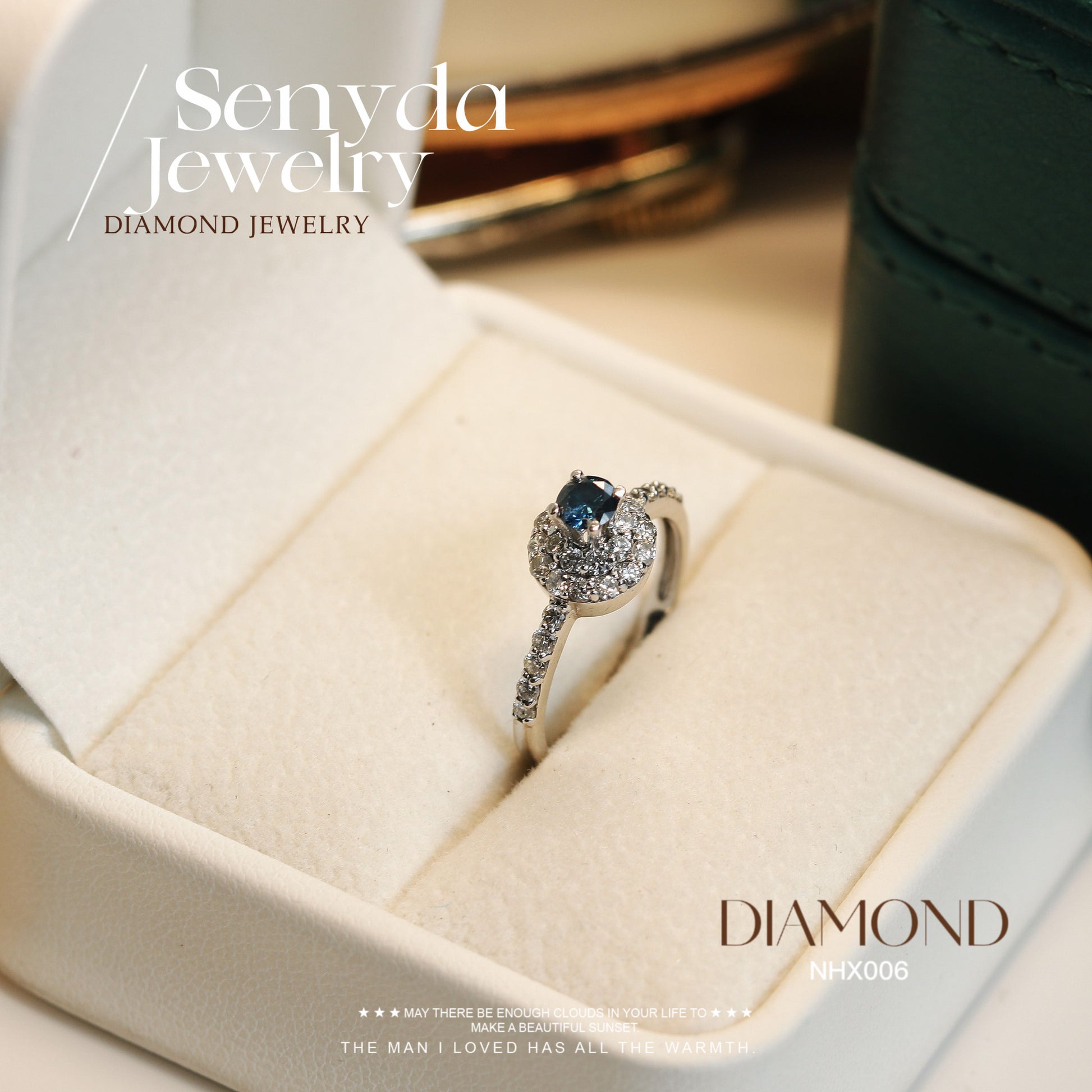 Senyda 10K Solid Gold Halo Blue Diamond Ring