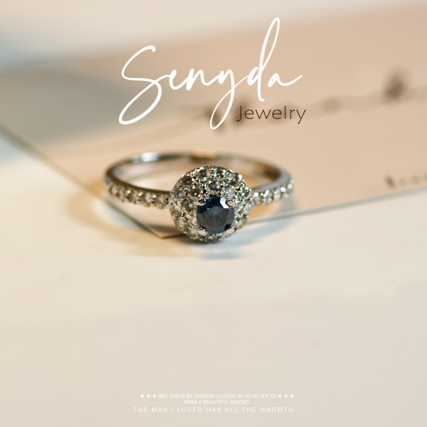 Senyda 10K Solid Gold Halo Blue Diamond Ring