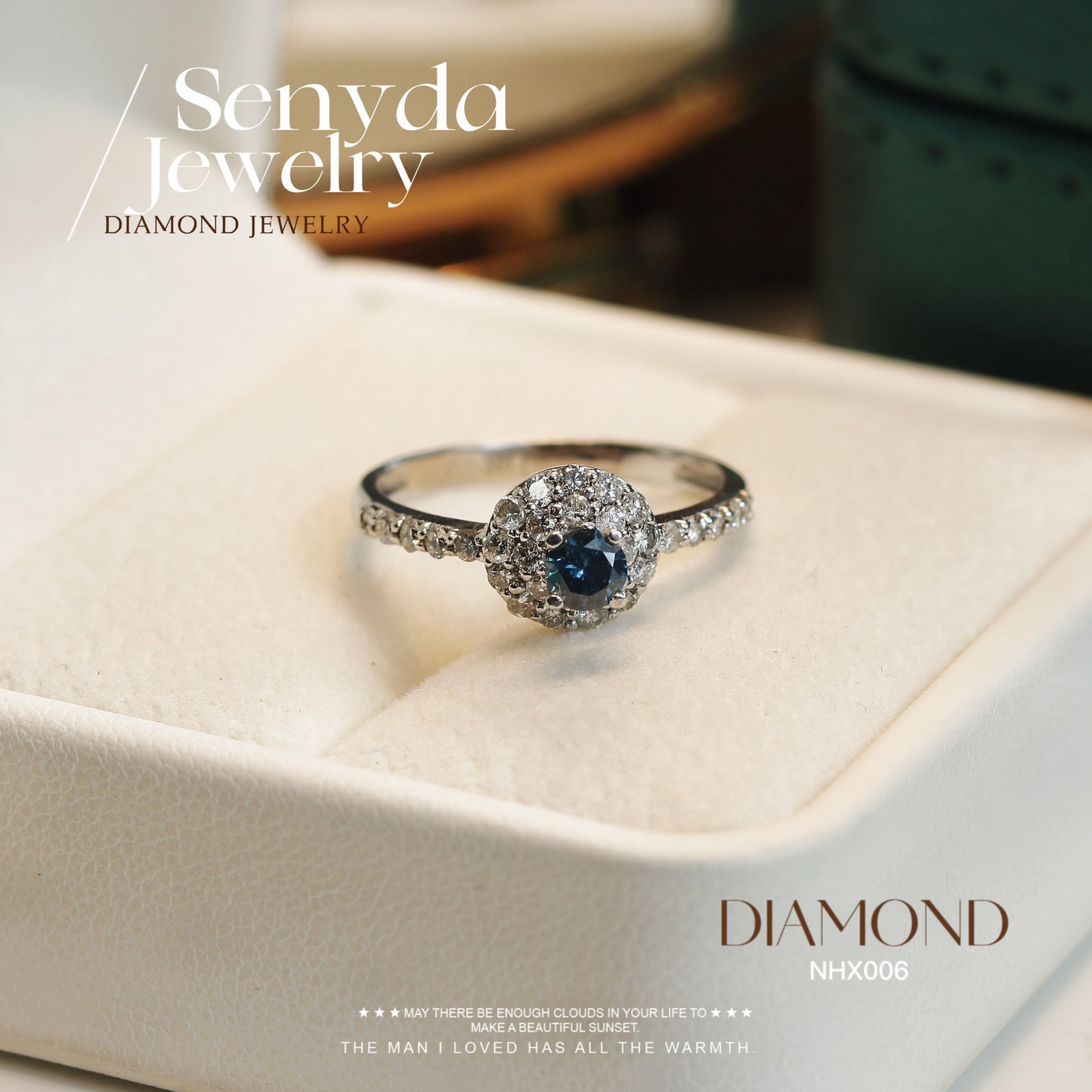 Senyda 10K Solid Gold Halo Blue Diamond Ring