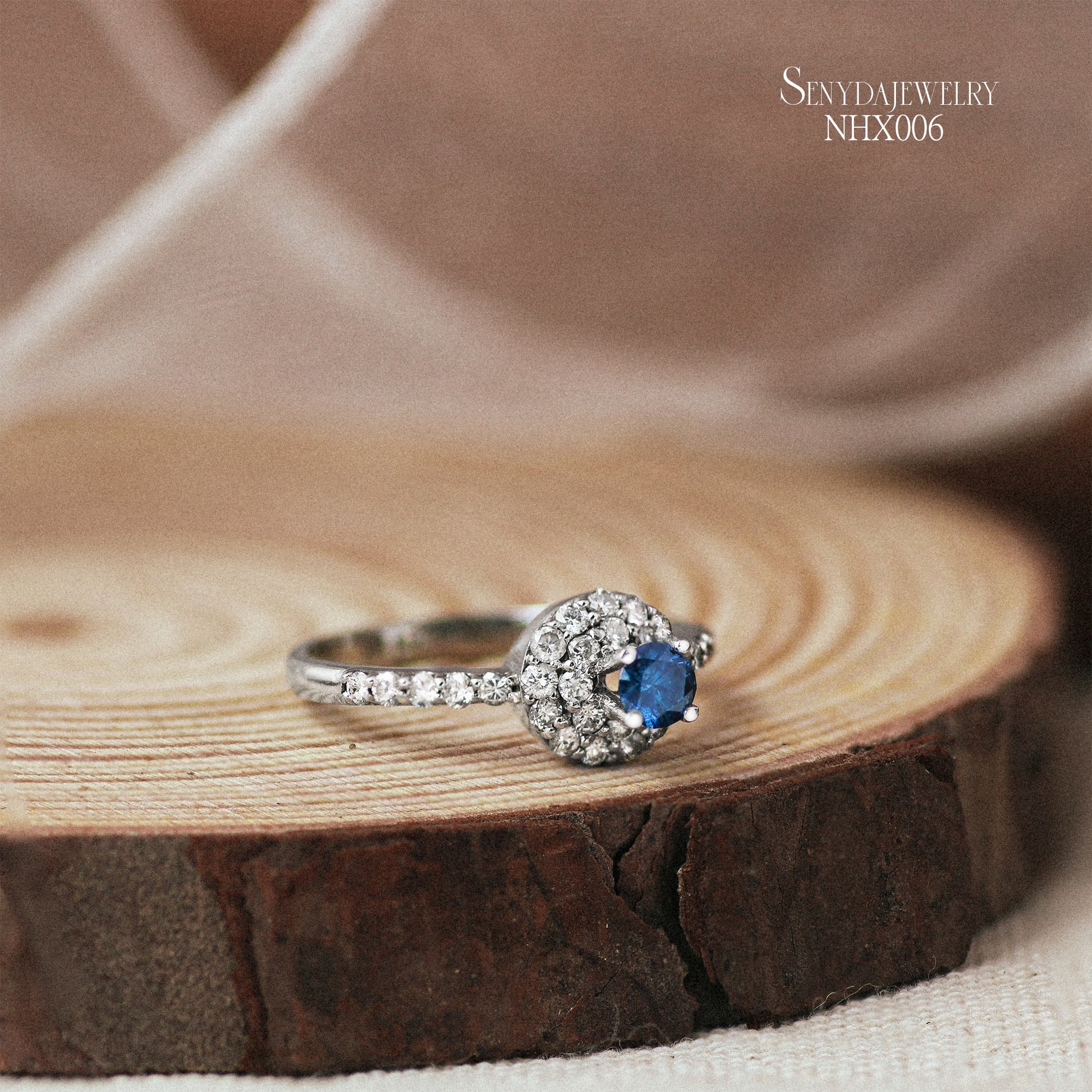 10K Solid Gold Halo Blue Diamond Ring