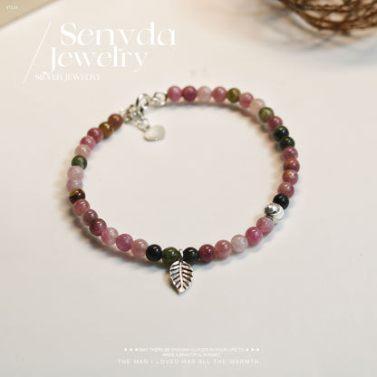 Tourmaline Bracelet Mixed With Leaf Charm