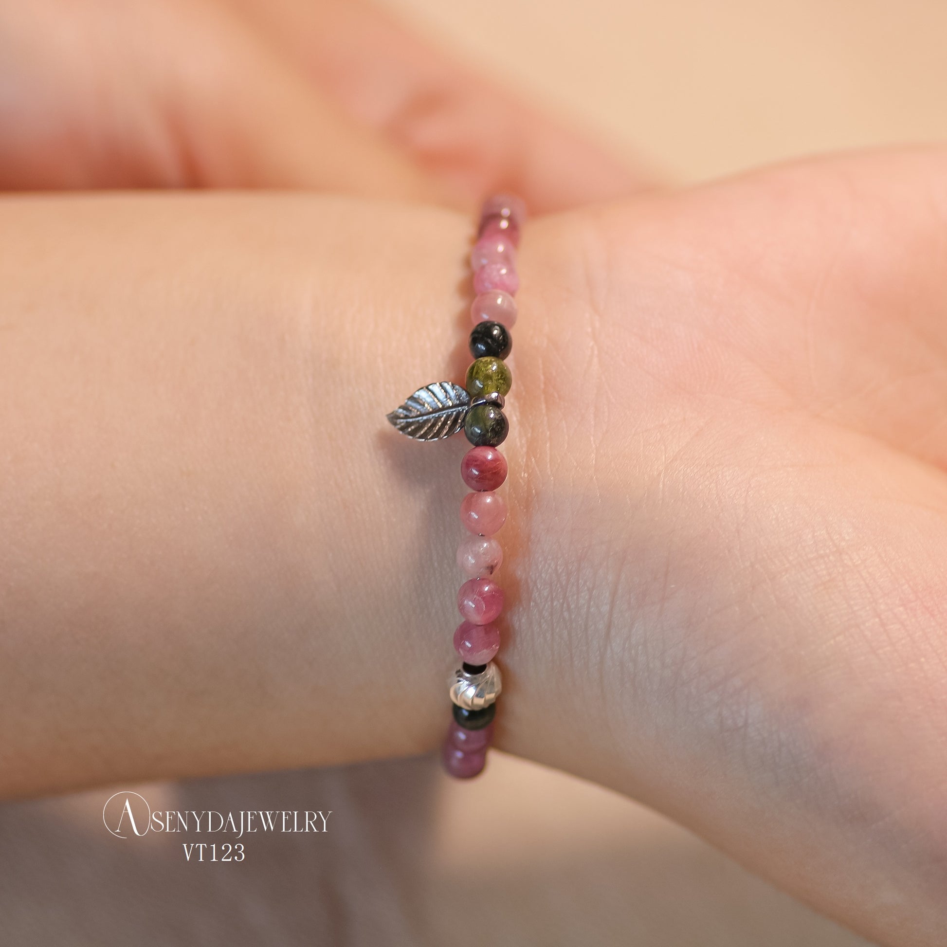 Tourmaline Bracelet Mixed With Leaf Charm