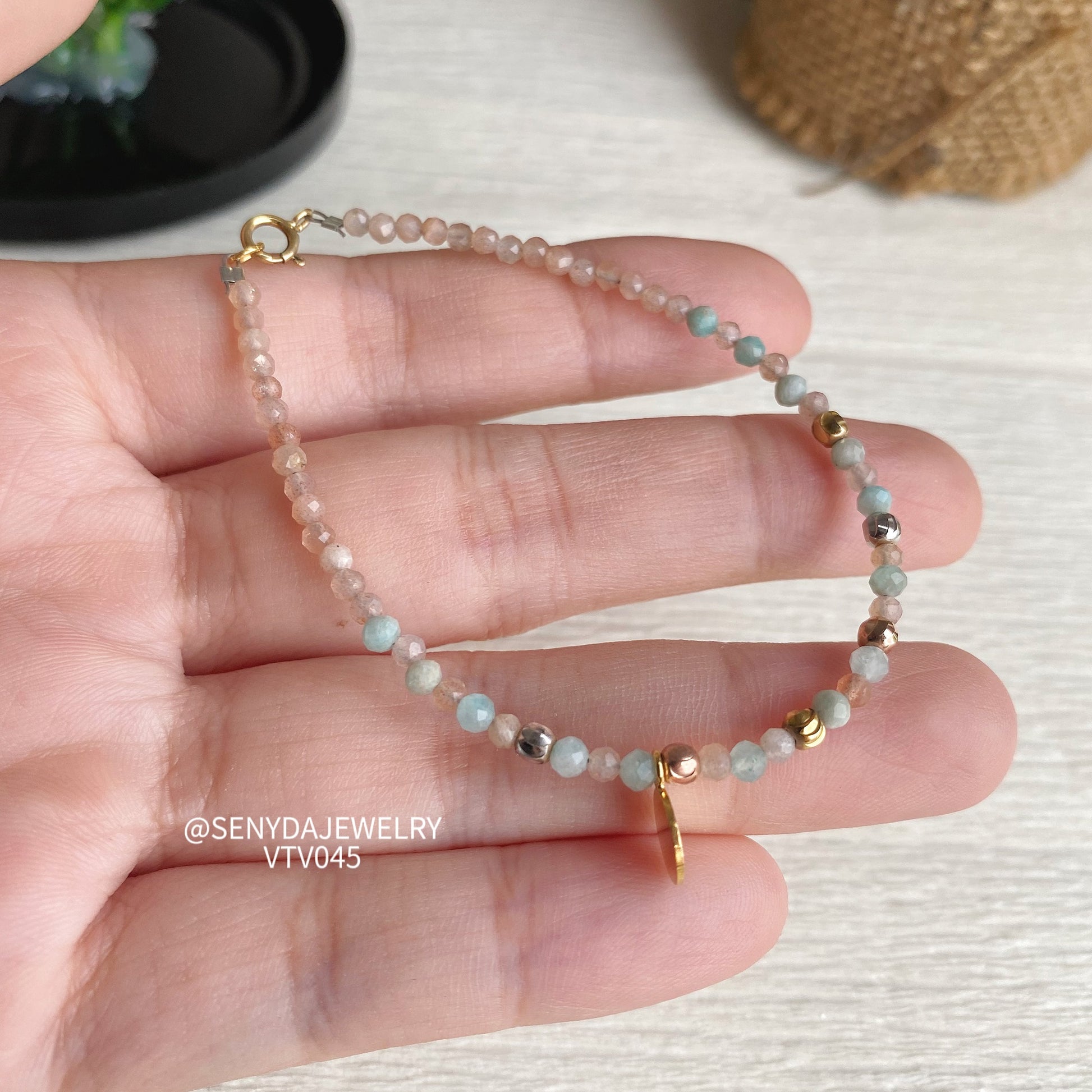 Senyda 10K Gold 3mm Colorful Amazonite And Sunstone Bracelet